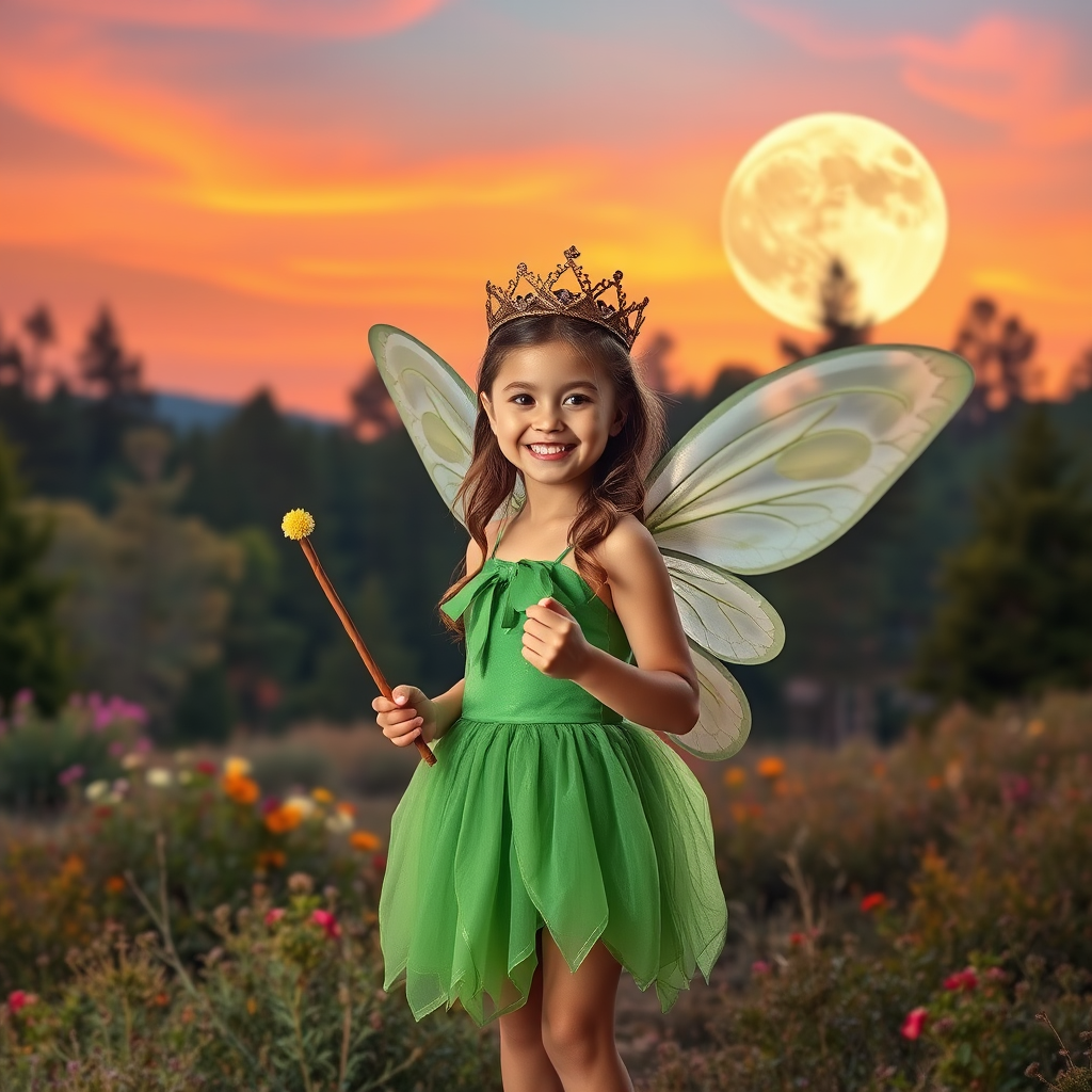 A vivid photo  taken under a bright camera flash of a fantastical scene set against a backdrop of a forest during sunset. The main subject is a girl dressed as a fairy, adorned with translucent wings and a green dress, holding a wand, her face is happy, and she wears a crown on her head. The forest behind her is a blend of flowers, shrubs and trees. The sky is painted in hues of orange and pink, with a large, glowing moon casting a warm glow over the scene. The overall color palette is dominated by earthy tones.