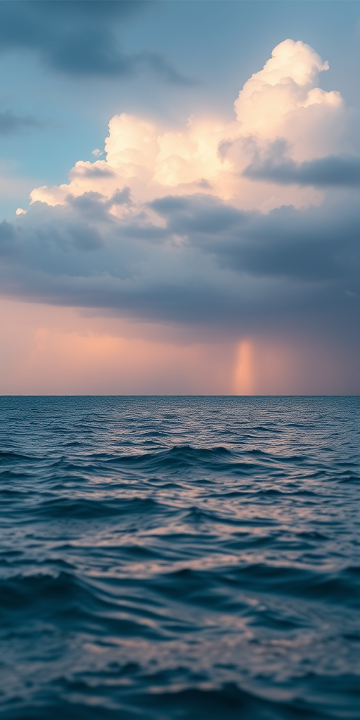 Capture a serene seascape with a dramatic sky, focusing on a distant rain shower over the water, use a Canon EOS R5 with a 24-70mm f/2.8 lens, aperture f/8, ISO 100, 1/125 sec exposure, shot from a slightly elevated angle to enhance depth and detail, in natural light for a vibrant color palette.