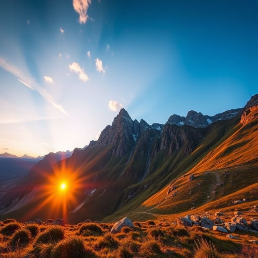 Create a high-resolution image of a serene mountainscape during sunrise, Canon EOS R5, 24mm lens, f/8 aperture, 1/250 sec shutter speed, ISO 100, vibrant colors, wide-angle view, low angle perspective, clear skies with soft clouds.