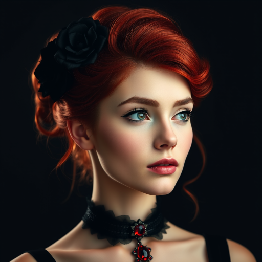 A young woman with bright red hair styled in a voluminous updo adorned with black floral accents, wearing a black choker with a large red gemstone pendant, looks off to the side with a slightly pensive expression, her face softly lit against a dark background.  The image is composed as a portrait, shot from a close-up perspective, with the subject filling most of the frame.  The woman's skin appears fair and flawless, with a subtle glow.  The overall atmosphere is elegant and slightly dramatic.
