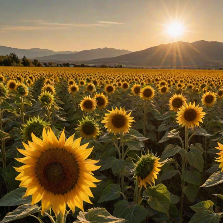 Sharp, detailed close-up of a sunflower field at sunset, soft golden light illuminating the vibrant yellow petals, with distant mountains casting long shadows across the landscape.