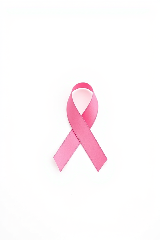 Create a high-resolution image of a pink ribbon on a white background, using a DSLR camera with a 50mm lens, aperture set at f/2.8, ISO 100, and a soft light source for even illumination.