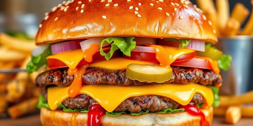 High-resolution, close-up image of a gourmet double cheeseburger. The burger features a glossy, sesame-seed-topped brioche bun. Inside, there are two thick, juicy beef patties, each topped with melted cheddar cheese. The burger is garnished with fresh lettuce, tomato slices, diced onions, and pickles. A generous amount of ketchup and a creamy, orange-colored sauce is dripping down the sides, adding to the mouth-watering appeal. In the background, there are blurred elements including a side of golden French fries and a hint of a beverage, enhancing the overall presentation of a delicious meal.