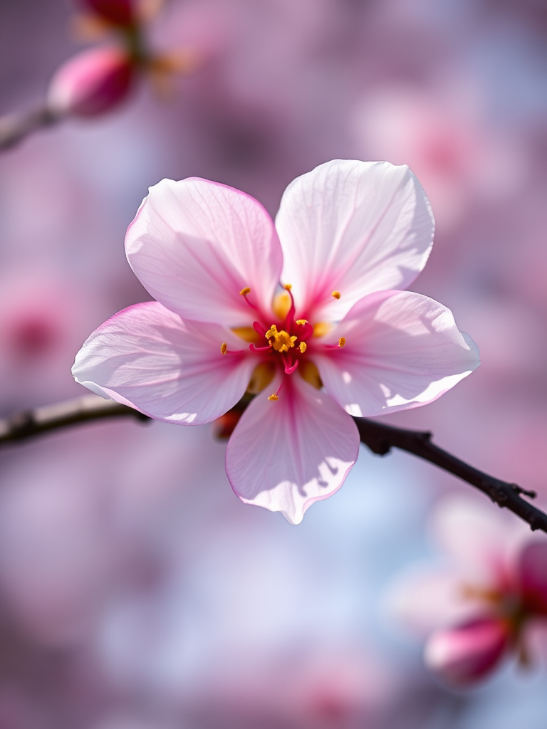 Create a high-resolution image of a stylized cherry blossom with prominent petals and a central stamen, using a DSLR camera with a 50mm lens, aperture set to f/2.8, ISO 100, shot from a slightly angled view for depth, with vibrant colors and a smooth bokeh background.