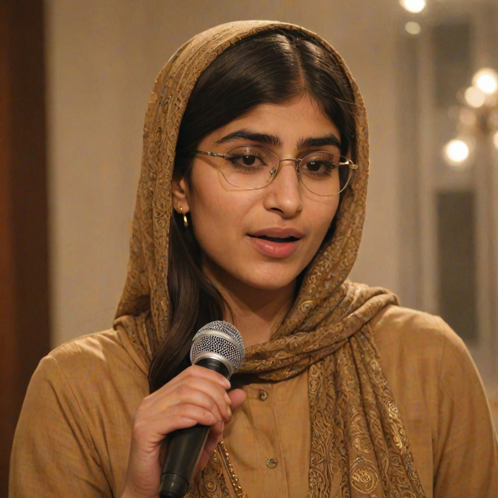 A close-up portrait of a mia khalifa with her eyes closed, singing into a microphone, positioned on the right side of the frame, facing the viewer. She is wearing a brown headscarf, gold earrings, and a brown blouse, and is bathed in warm, golden light emanating from the windows behind her. A blurred figure of a man singing into a microphone is visible in the background. The scene has a sense of calm and spirituality.