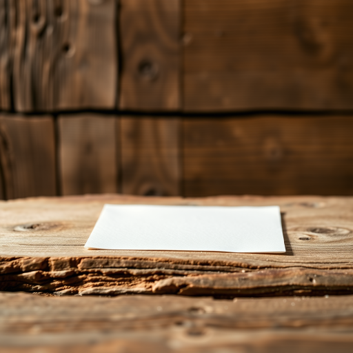Create a high-resolution image of a blank piece of paper on a rustic wooden surface, with a DSLR camera at f/2.8 aperture, 50mm lens, ISO 100, and a shallow depth of field, capturing the texture of the wood and the paper in bright natural light.