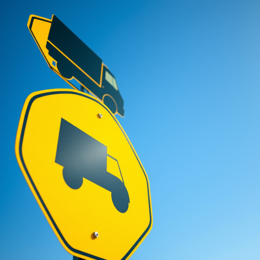 Create a high-resolution image of a truck silhouette on a yellow traffic sign with a clear blue sky background, using a DSLR camera with a 50mm lens, aperture set to f/8, shutter speed of 1/200s, ISO 100, taken from a slightly elevated angle.