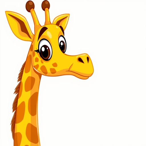 create a cartoon illustration of a giraffe with a tall neck and large eyes, use vibrant yellow and brown colors, ensure a playful expression, apply 50mm lens, f/2.8 aperture, and natural lighting for enhanced brightness and detail, digital illustration style.