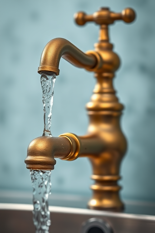 Create a high-resolution image of a vintage brass faucet with water flowing from it, using a DSLR camera at f/2.8 aperture, ISO 100, 1/250 sec shutter speed, shot from a low angle to emphasize the flow of water, with a soft focus background to enhance the overall quality.