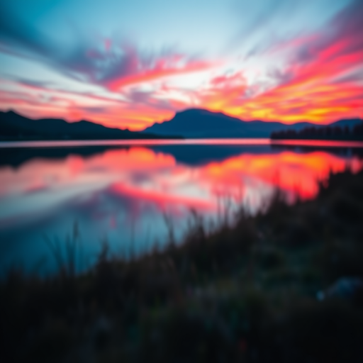 Generate an image of a serene landscape at sunset with vibrant colors reflecting on a calm lake, using a Canon EOS 5D Mark IV, 50mm lens, f/1.8 aperture, ISO 100, 1/125 sec exposure, capturing a wide-angle view with soft bokeh in the foreground.