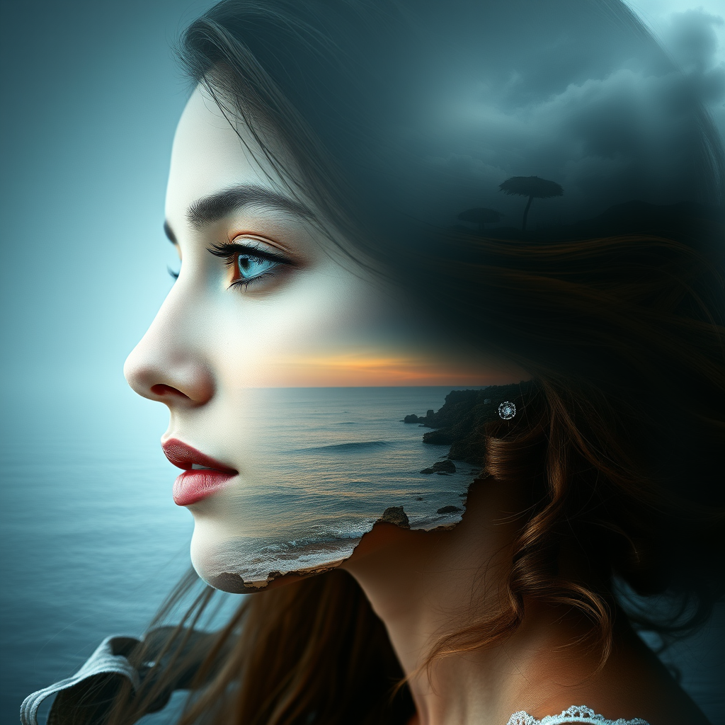 this picture is Book cover, A surreal double exposure portrait that blends a woman's face with a beautiful seascape. The overall mood is dreamy and mystical, with rich colors and intricate details