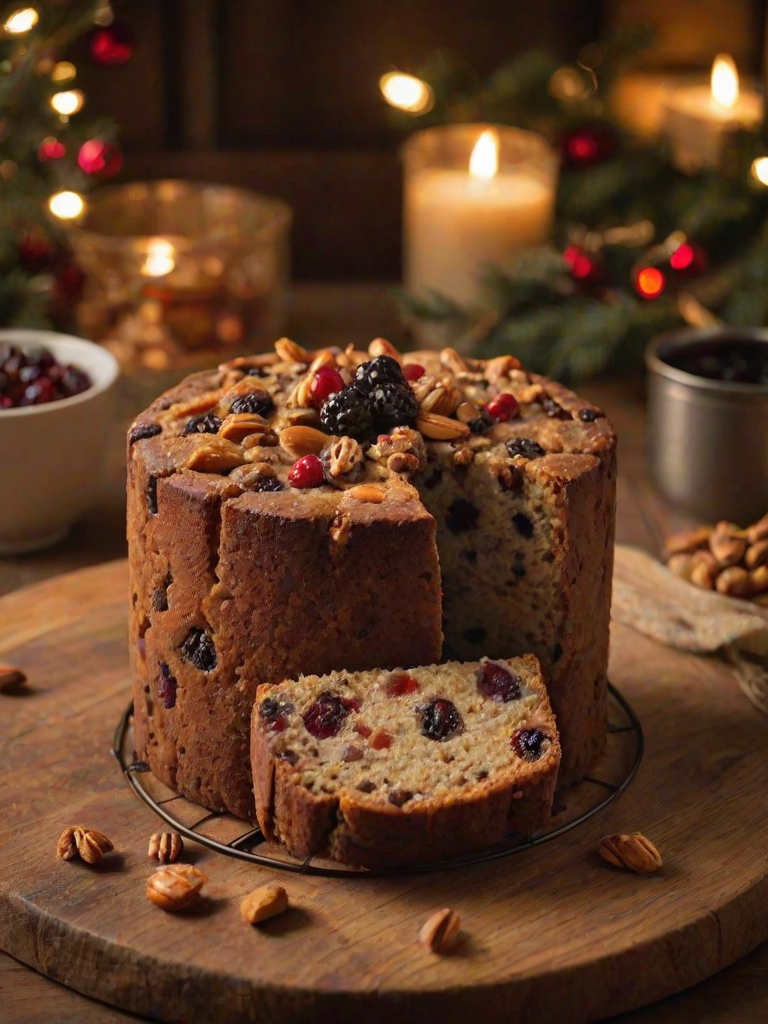 Generate an image of a beautifully baked fruitcake. The cake should be round and have a rich, dark appearance with visible pieces of dried fruits and nuts. It is placed on a wire rack, surrounded by a cozy kitchen setting with warm lighting. Include some festive decorations like twinkling lights in the background and a glass of red wine nearby.