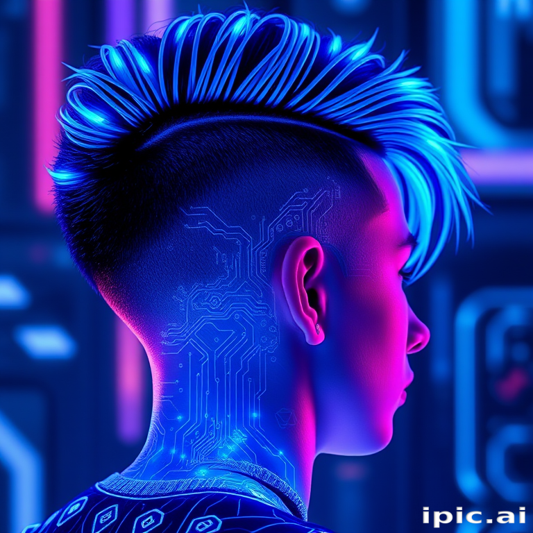 Cyber neon blue electrifies a futuristic undercut with holographic circuit patterns shaved into the sides, pulsing with the energy of a digital metropolis