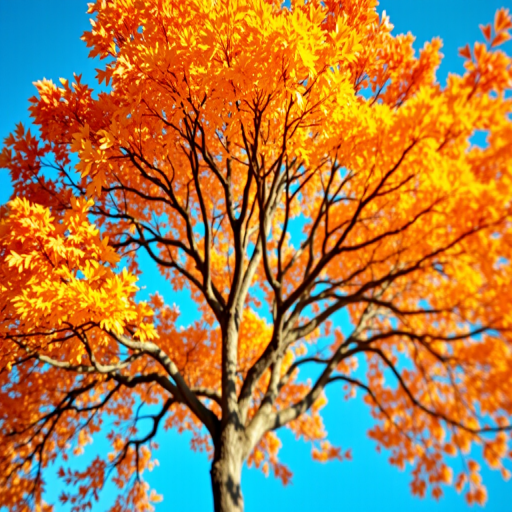 Create a hyper-realistic image of a large autumn tree with vibrant orange and yellow leaves against a clear blue sky, using a DSLR camera set to 50mm lens, f/2.8 aperture, ISO 100, and a shallow depth of field with soft focus on the background for enhanced detail.