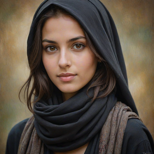 Create a portrait of a young Mizrahi woman with long, dark hair and captivating hazel eyes. She is wearing a black headscarf and a matching scarf draped gracefully around her neck. The background is softly blurred, focusing attention on her serene and natural expression. The overall color palette is muted and warm, enhancing the intimate and authentic feel of the portrait.
