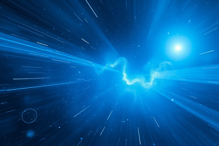 high-resolution digital rendition of a blue cosmic scene with swirling light trails, captured with a DSLR camera at 24mm, f/2.8, ISO 100, using a long exposure setting for enhanced glow and depth, shot from a slight tilt to emphasize the dynamic movement and vibrant colors.