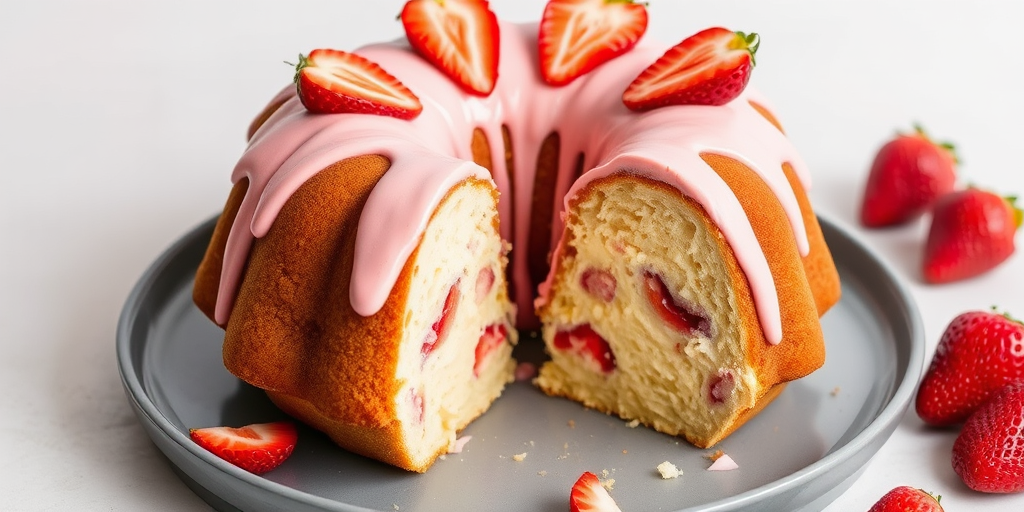 A beautifully baked bundt cake topped with pink frosting and fresh strawberry slices served on a gray plate with a slice cut out, showcasing the moist texture and strawberry bits inside, set against a light background.