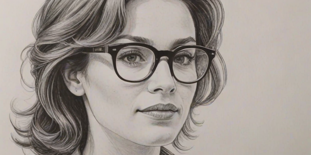 Attractive Amy Jo Johnson, pencil sketch, portrait of Beauteous woman 1962s in glasses, hair style beatnik, outline, clear lines, fine lines, 8k