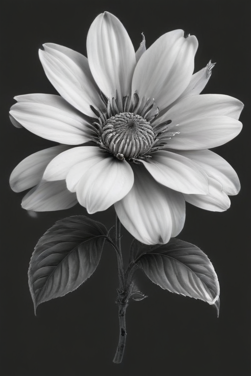 Elegant Black and White Flower with Intricate Petals and Leaves
