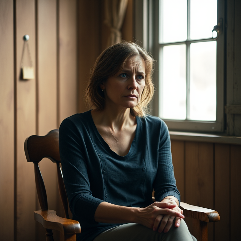 A woman sitting in a wooden chair, looking distressed, soft natural light from a window, shoot at f/2.8 for shallow depth of field, ISO 400, 50mm lens, captured in a portrait view using a DSLR camera.