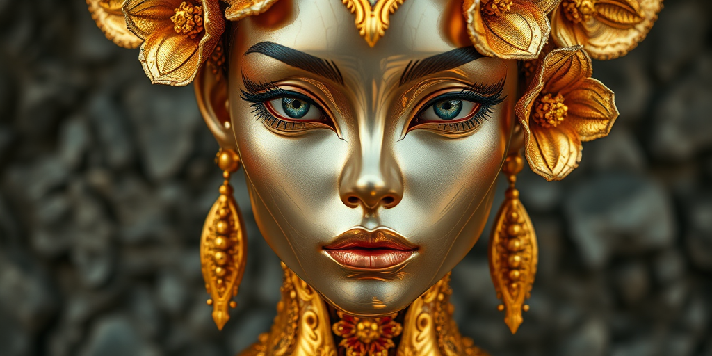 A close-up portrait of a stunning, intricately designed humanoid figure featuring golden floral embellishments and reflective surfaces, set against a textured stone backdrop, taken with a Canon EOS R5 at f/1.8, ISO 100, 1/200s, using a soft-focus lens to enhance detail and depth.