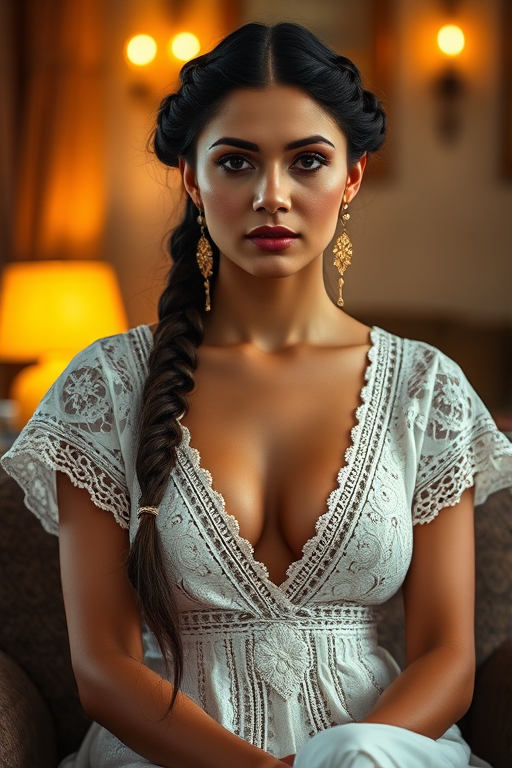 Create a portrait of a refined and elegant Aztec woman seated in a sophisticated setting. She has long, wavy hair styled in two thick braids that are pulled over her shoulders. She wears a white, lace gown with intricate patterns, featuring a deep V-neckline and short sleeves. The dress exudes a vintage charm with its delicate lacework. She is adorned with ornate, dangling earrings that add a touch of glamour to her appearance. The background is softly lit, with warm, ambient lighting that creates a cozy and inviting atmosphere. Her expression is poised and serene, capturing a sense of grace and elegance.