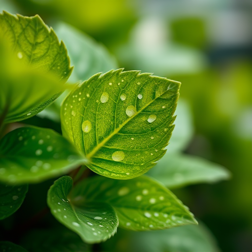 macro shot of lush green leaves with white speckles, soft focus background, aperture f/2.8, 50mm lens, ISO 100, natural lighting, DSLR camera