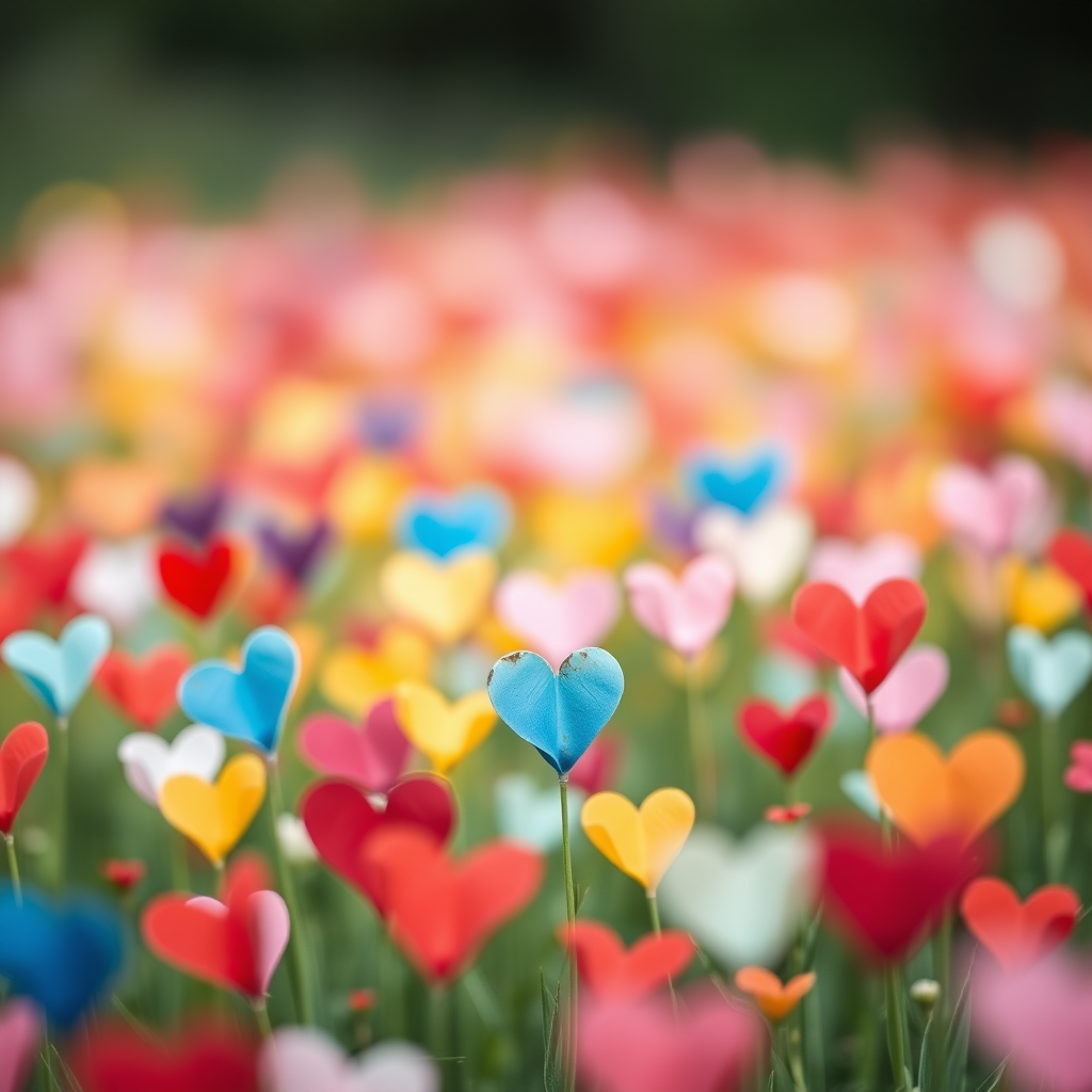 Create a vibrant watercolor painting of a field of hearts in various colors, with soft focus and a dreamy bokeh effect, shot with a Canon EOS R5 at f/2.8, 1/125 sec, ISO 100, using a 50mm lens from a high angle.