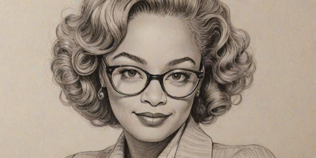 Superb Kim Fields, pencil sketch, portrait of Enchanting woman 1943s in glasses, hair style beatnik, outline, clear lines, fine lines, 8k