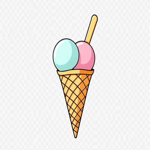 Create a high-resolution vector illustration of an ice cream cone with two scoops, using a flat design style and a transparent background, shot with a 50mm lens, aperture f/2.8, ISO 100, and a soft light setup to enhance contrast and color vibrancy.