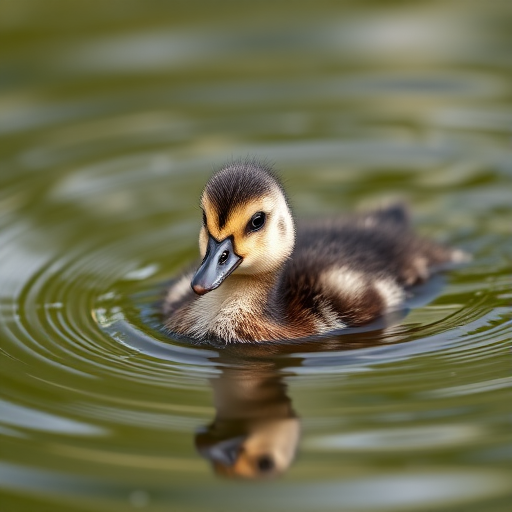 a close-up of a duckling swimming in a rippling pond, natural light, soft focus, Nikon D850, 85mm f/1.4 lens, ISO 100, aperture f/2.8, shutter speed 1/500s
