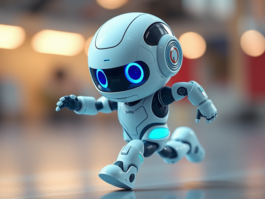 Create a 3D rendered image of a cute robot with a shiny white exterior and blue eyes, in a dynamic running pose, captured with a Canon EOS R5 at f/2.8, ISO 100, 1/250s, using a wide-angle lens and soft lighting for a vibrant, detailed look.