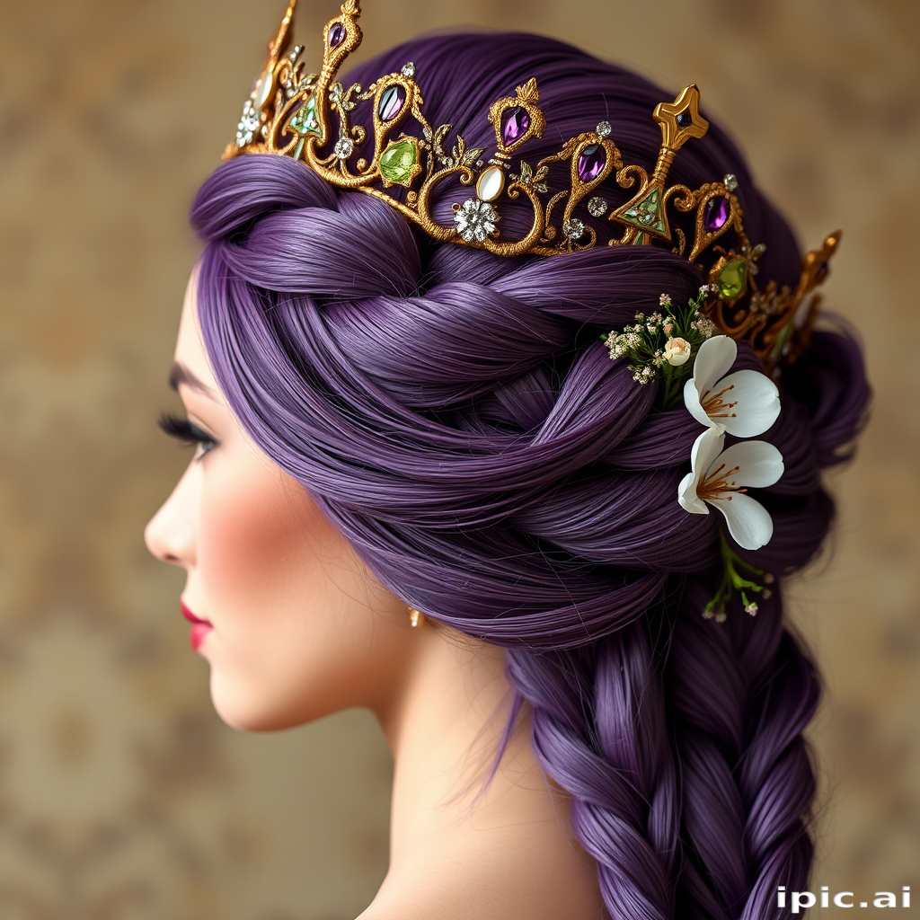 Regal amethyst-haired royalty showcasing an intricate crown braid adorned with glittering gemstones and delicate flowers