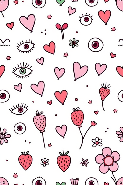 Create a seamless pattern featuring playful doodles of eyes, hearts, balloons, strawberries, and flowers with a pastel color scheme, captured with a Canon EOS R5, 50mm lens, f/2.8, ISO 100, in natural light, with a top-down view for enhanced detail and vibrancy.