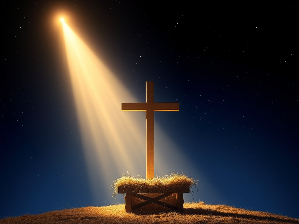Create an image of a serene night scene featuring a radiant cross shining down from above. The light beams down onto a humble manger filled with hay, set in a dark, starry sky. The atmosphere should convey peace and hope, with soft illumination highlighting the manger below the cross.