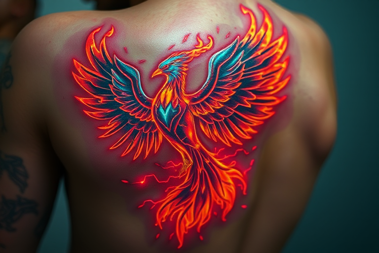 Futuristic holographic tattoo showcasing a cybernetic phoenix rising from digital flames, rendered with specially formulated inks that shimmer and change color under different lighting conditions