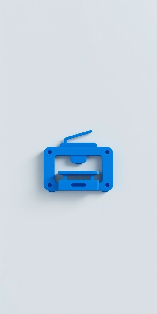 Create a minimalist graphic of a 3D printer icon in blue on a light gray background with soft shadows, using a Canon EOS R with a 50mm lens at f/2.8, ISO 100, and a 1/200s shutter speed for sharpness and clarity.