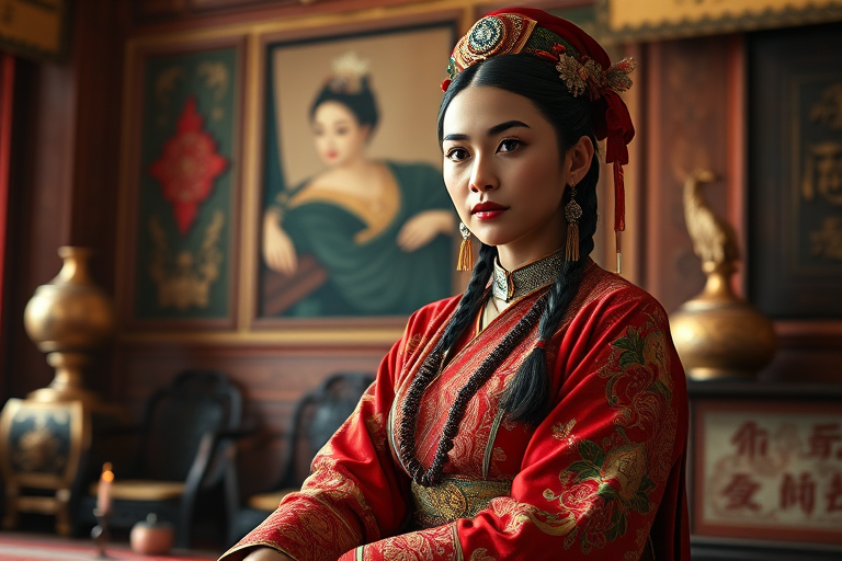 A beautiful Quechua woman in traditional East Asian attire, intricately detailed with embroidered patterns, sitting gracefully in a richly decorated room, soft ambient lighting, serene and elegant, ultra-realistic, 8K resolution