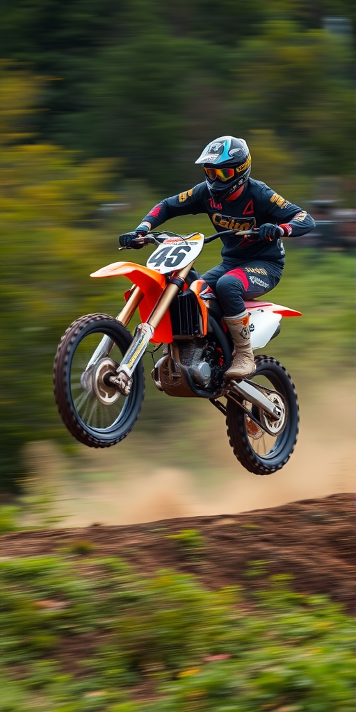 Create a dynamic action shot of a motocross rider performing a jump against a blurred background; use a DSLR camera with a 50mm lens, f/2.8 aperture, ISO 200, shutter speed 1/1000s, and a high-speed continuous shooting mode to capture the motion effectively.