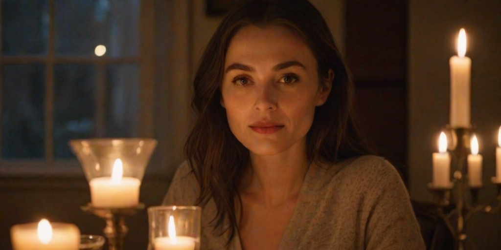 Close-up of a woman’s face illuminated by candlelight during a cozy dinner, with a beautifully set table in the background, soft shadows playing across her features.