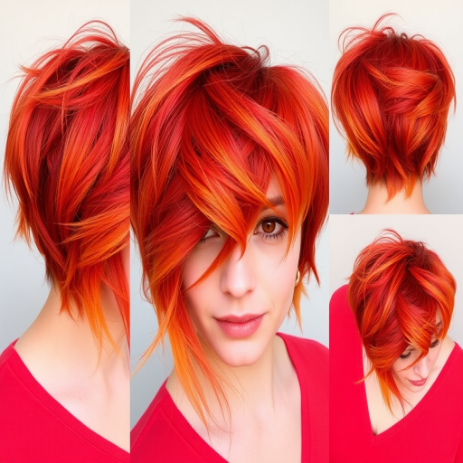 Fiery Phoenix Feathers style incorporating vibrant shades of red, orange, and yellow in a layered, feathered cut with wispy, face-framing tendrils