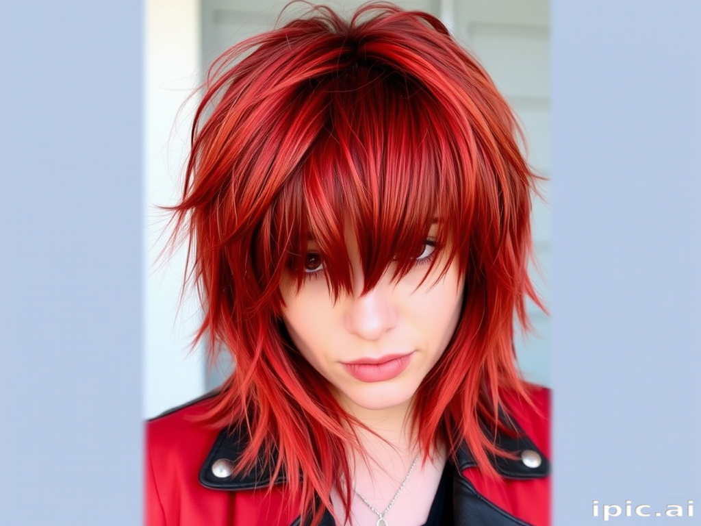 Fiery red long shag with choppy layers and wispy bangs, featuring subtle copper lowlights for depth and dimension, embodying a rebellious rock-and-roll vibe