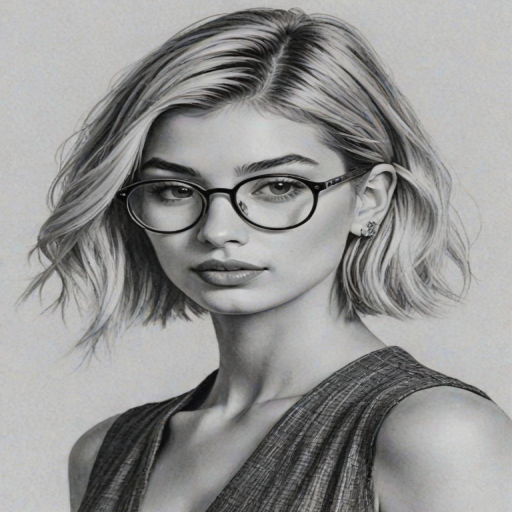 Sublime Hailey Baldwin, pencil sketch, portrait of Comely woman 1928s in glasses, hair style beatnik, outline, clear lines, fine lines, 8k