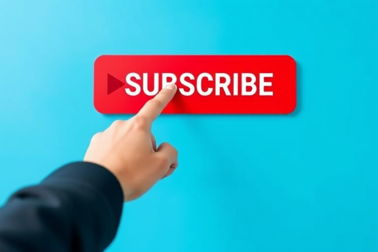 Create a minimalist design of a hand pressing a large red YouTube "SUBSCRIBE" button with a play icon on a bright blue background, using a DSLR camera with a 50mm lens, aperture f/1.8, ISO 100, and a low-angle view for emphasis on the button.