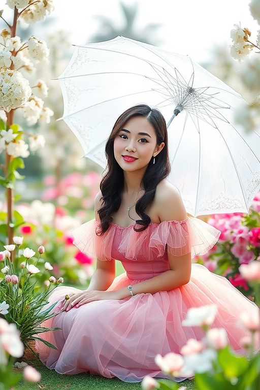 Generate an image of a young woman in a pink tulle dress sitting under a white lace parasol in a blooming garden with soft natural lighting, depth of field focus, using a DSLR camera at f/2.8, ISO 100, and 85mm lens for portrait style.