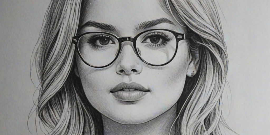 Attractive Debby Ryan, pencil sketch, portrait of Fetching woman 1978s in glasses, hair style beatnik, outline, clear lines, fine lines, 8k