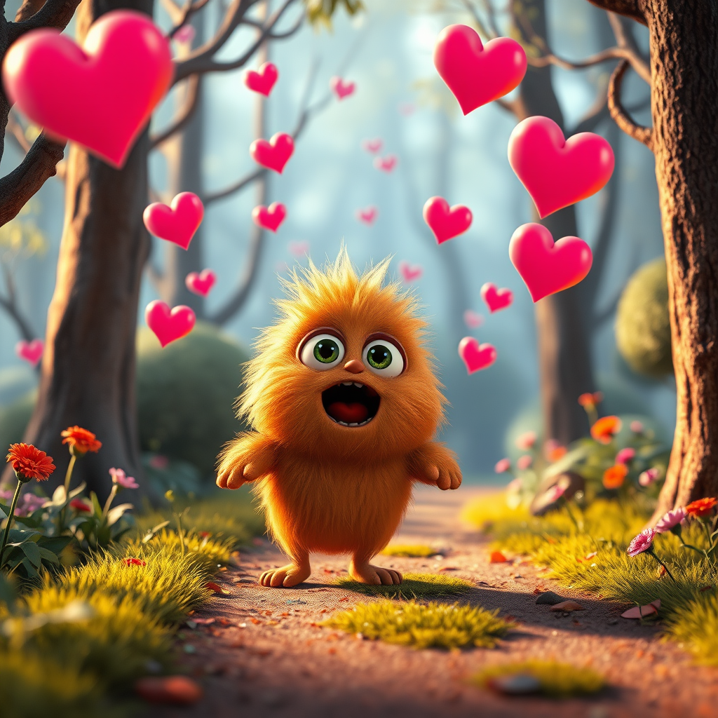 A fluffy orange creature with large eyes and a wide open mouth stands on a path in a whimsical forest, bright pink and red hearts float through the air, the creature has a surprised expression, the light is warm and soft, photorealistic, digital art, 3D style