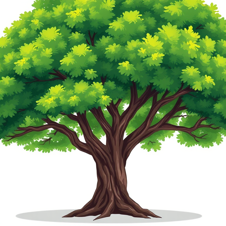 Create a detailed illustration of a lush green tree with a dense canopy and a sturdy trunk, captured from a slightly elevated angle using a high-resolution digital camera, aperture set to f/8 for optimal depth of field, ISO 200 for low noise, and a shutter speed of 1/250 seconds to ensure clarity.