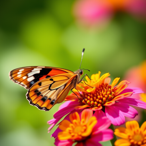 Create a macro photograph of a butterfly perched on brightly colored flowers with a blurred background, using a Canon EOS 5D Mark IV, 100mm f/2.8L Macro IS USM lens, f/5.6 aperture, ISO 200, 1/200 sec shutter speed, natural lighting for enhanced vibrancy and detail.