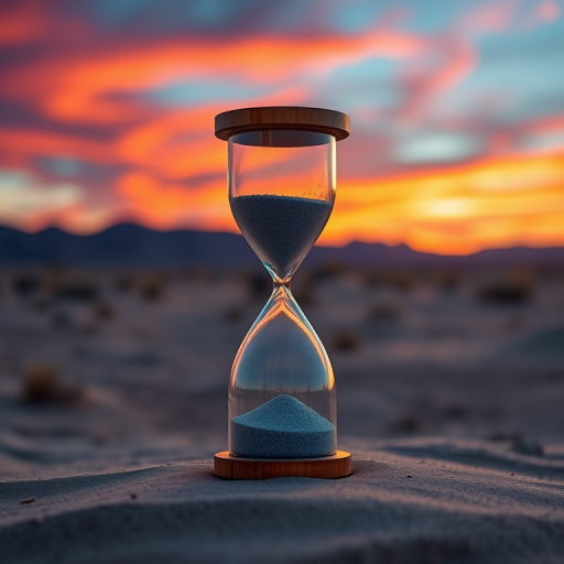 create a hyper-realistic image of an hourglass in a desert landscape during sunset, with vibrant colors in the sky, using a Canon EOS R5 camera, 50mm f/1.2 lens, f/2.8 aperture, ISO 100, 1/200 sec shutter speed, with a focus on the hourglass for depth of field and a warm tone to enhance mood